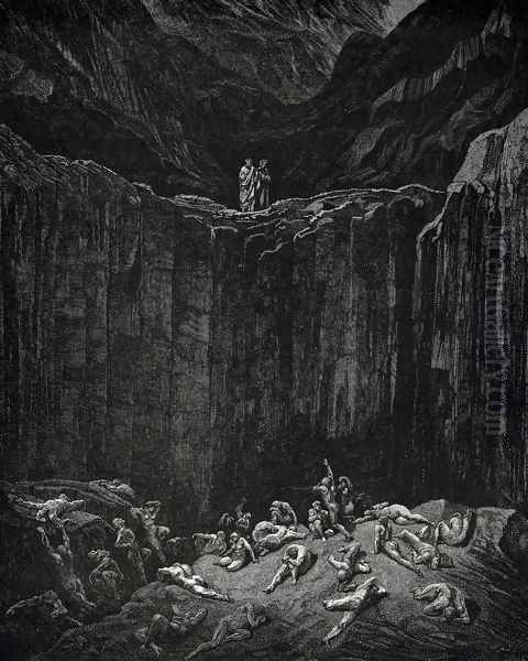 The Inferno, Canto 29, lines 52-56: Then my sight Was livelier to explore the depth, wherein The minister of the most mighty Lord, All-searching Justice, dooms to punishment The forgers noted on her dread record. - view 1