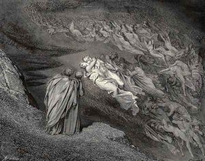 The Inferno, Canto 5, lines 105-106: 'Love brought us to one death: Caina waits The soul, who spilt our life.' by Gustave Dore