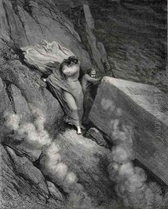 The Inferno, Canto 11, lines 6-7: From the profound abyss, behind the lid Of a great monument we stood retir'd by Gustave Dore