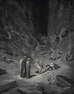 The Inferno, Canto 9, lines 124-126: "He answer thus return'd: The arch-heretics are here, accompanied By every sect their followers;"