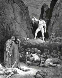 The Inferno, Canto 28, lines 116-119: By the hair It bore the sever'd member, lantern-wise Pendent in hand, which look'd at us and said, "Woe's me!"