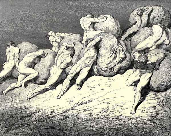 The Inferno, Canto 7, lines 65-67: "Not all the gold, that is beneath the moon, Or ever hath been, of these toil-worn souls Might purchase rest for one." - view 1