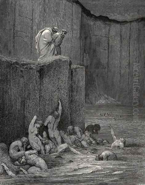 The Inferno, Canto 18, lines 116-117: "Why greedily thus bendest more on me, Than on these other filthy ones, thy ken?" - view 1