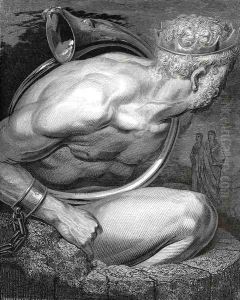 The Inferno, Canto 31, lines 64-66: "O senseless spirit! let thy horn for thee Interpret: therewith vent thy rage, if rage Or other passion wring thee." by Gustave Dore