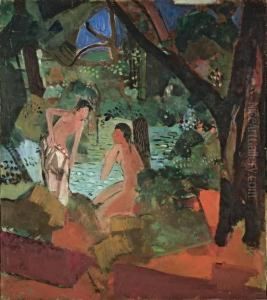 Bewaldete Landschaft Mit Badenden by Oskar Moll