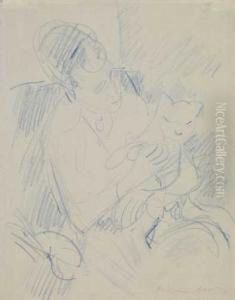 Die Gattin Des Kunstlers, Marg Moll, Mit Katze by Oskar Moll
