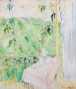 Balkonausblick Mit Weinlaub Und Anemonen by Oskar Moll
