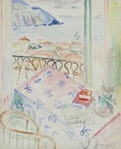 Balkonzimmer Mit Blick Auf 
Positano. ("il Popolo", Rote Bucher Und Blumenvase Auf Ornamentierter 
Tischdecke).