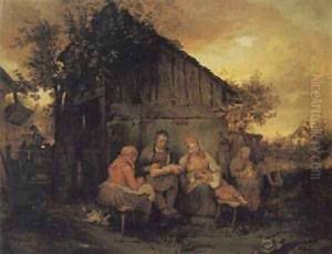 A Family Resting At Sunset by Josef Franz Danhauser