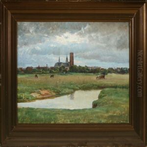 Meadow Landscape With Grazing Cows By Ribe Dommirke by Niels Pedersen Mols