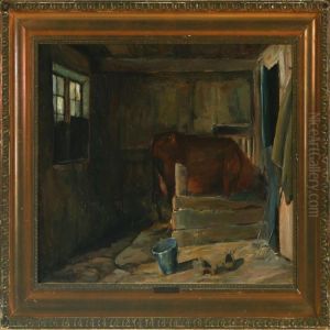 Stable Interior With A Cow And A Milk Bucket