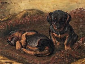 Puppy Dachshunds On Carpet by Niels Pedersen Mols