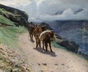 A Farmer Driving His Donkeys Along A Mountain Road by Robert Charles Gustave Laurens Mols
