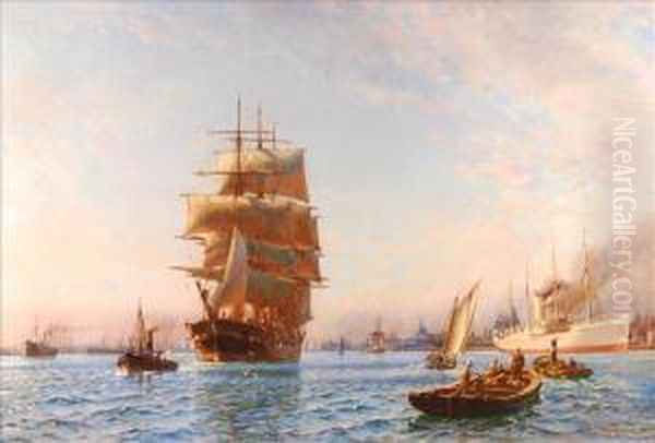 A Busy Harbourscene With Clipper And Other Vessels - view 1