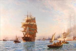 A Busy Harbourscene With Clipper And Other Vessels by Christian Molsted