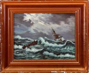 A Sailing Ship And Rowing Boat Near The Coast by Christian Molsted