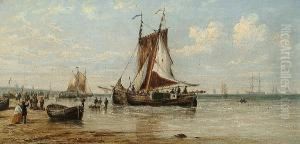 Fishing Boats At Lowtide, With Figures On The Beach