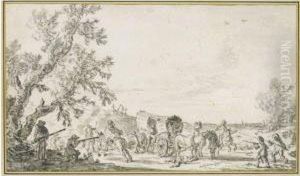 A Band Of Robbers Ambushing A Wagon