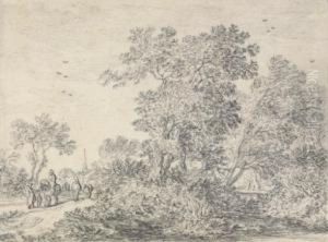 Trees On A Rise With Travelers On A Road Trees On A Rise With Travelers On A Road