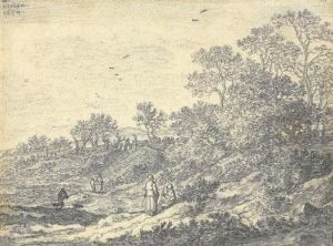 Travelers On A Road Along A Stream, A Village Beyond by Pieter De Molijn