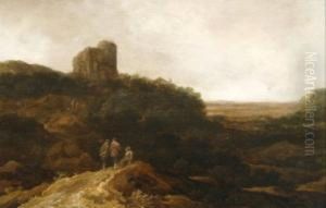 A Mountain Landscape With Three Figures Onrock And Ruin In The Background by Pieter De Molijn