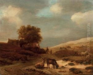 A Dune Landscape With Goats And Sheep, Travellers On A Track And Cottages Beyond