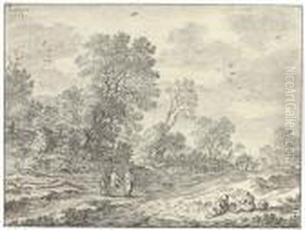 Two Peasants Reclining On A Bank By A Road, Three Travellers And Two Carts Seen Beyond - view 1