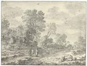 Two Peasants Reclining On A Bank By A Road, Three Travellers And Two Carts Seen Beyond by Pieter De Molijn