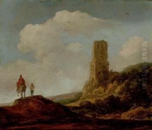 Landscape With A Ruined Tower And Travelers On A Path by Pieter De Molijn