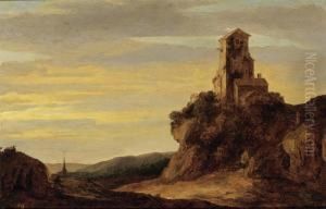 Landscape With Figures Walking 
On A Path Towards A Ruin On A Hill A Church 
Tower In The Background