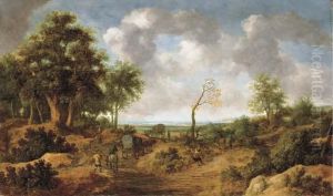 A Wooded Landscape With Travellers In Wagons On A Path by Pieter De Molijn