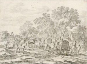 A Caravan Of Carts Seen From Behind, Together With Riders And Other Peasants On A Path