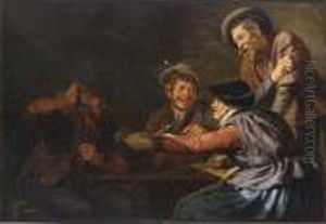 Three Men And A Woman Playing Cards And Smoking At A Table by Pieter De Molijn
