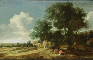 An Extensive Dune Landscape With
 Travellers And Horse-drawn Wagon On A Path, With A Village In The 
Background