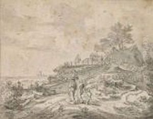 Landscape With Three Figures On A Path Walking Toward Afarmhouse Landscape With Three Figures On A Path Walking Toward Afarmhouse