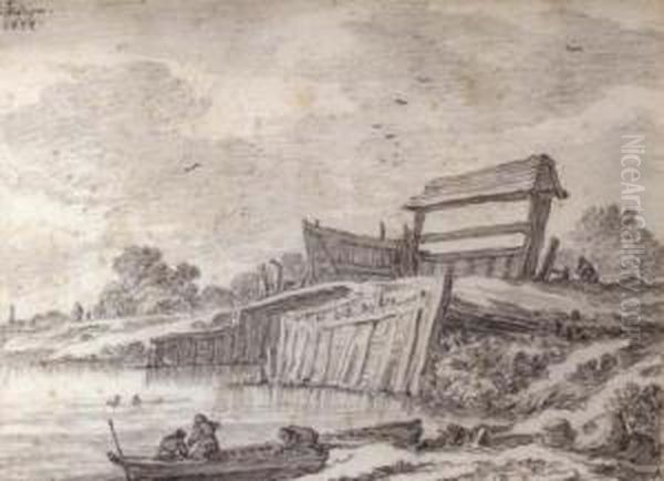 River Landscape With A Bridge, And Figures In A Boat In The Foreground - view 1