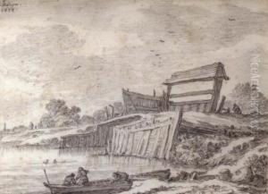 River Landscape With A Bridge, And Figures In A Boat In The Foreground River Landscape With A Bridge, And Figures In A Boat In The Foreground
