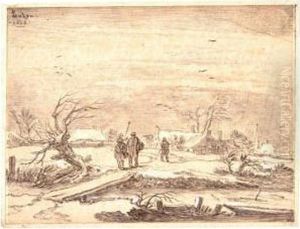 Winter Landscape, With Peasants On A Windswept Road, And A Village Behind