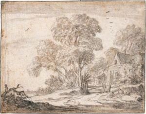 A Cottage Amongst Trees, With A Peasant Woman And A Child Seated On A Bank. by Pieter De Molijn
