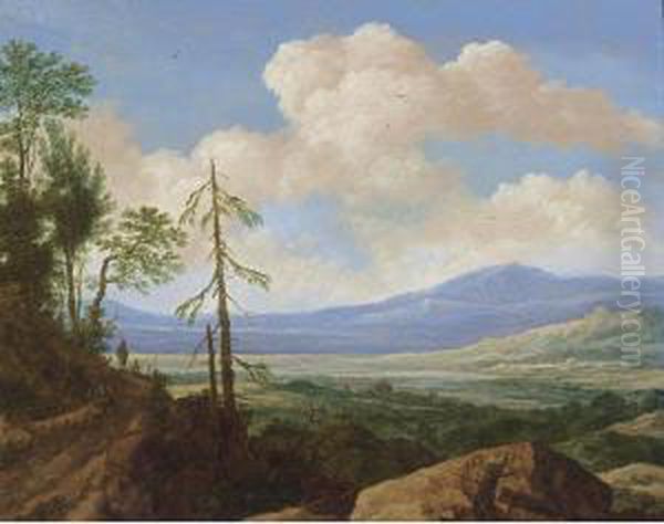 A Panoramic Hilly Landscape With
 A Traveller Resting On A Path Near Trees, A Valley With A Town And 
Mountains Beyond - view 1