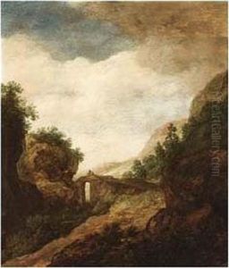A Mountainous Wooded Landscape With Travellers Over A Bridge by Pieter De Molijn