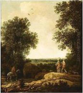 A Wooded Landscape With Horse-drawn Carriages And Travellers by Pieter De Molijn