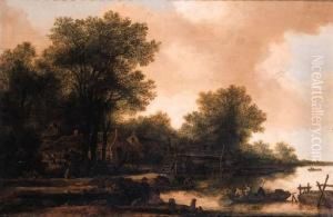 A Hamlet In A Wood By A River With Fishermen In A Rowing Boat By Afootbridge