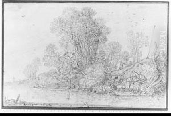 A Wooded River Landscape With Farmers Washing And Fishermen Near Ahouse - view 1