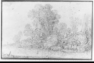 A Wooded River Landscape With Farmers Washing And Fishermen Near Ahouse by Pieter De Molijn