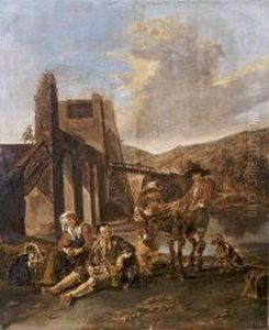 Travellers And Their Animals Resting By A Fortified Bridge by Hendrick Mommers