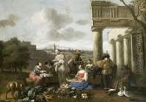 Scena Di Mercato Presso Un Tempio Dorico E Una Citta In Lontananza by Hendrick Mommers