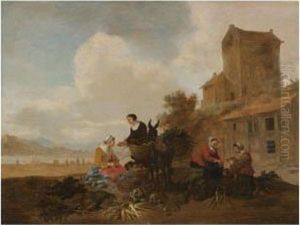 A River Landscape With Vegetable Sellers In The Foreground With A Donkey