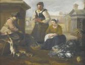 Marktszene Mit Zwei Handlerinnen Und Kunde by Hendrick Mommers