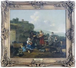 Figures At A Vegetable Market In An Italianate Landscape by Hendrick Mommers